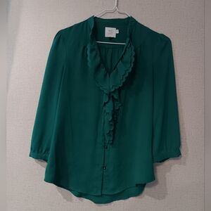 HD in By Anthropologie  Paris Teal Ruffled Blouse Sz S Or 0